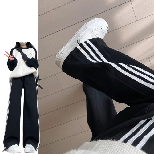 黑色三杠條紋運動褲女春夏季2026新款高腰百搭小個子美式束腳衛褲