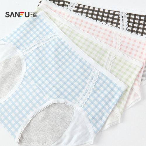 三福女中腰包臀內褲 清新格紋加長加寬襠生理褲半平角褲503532