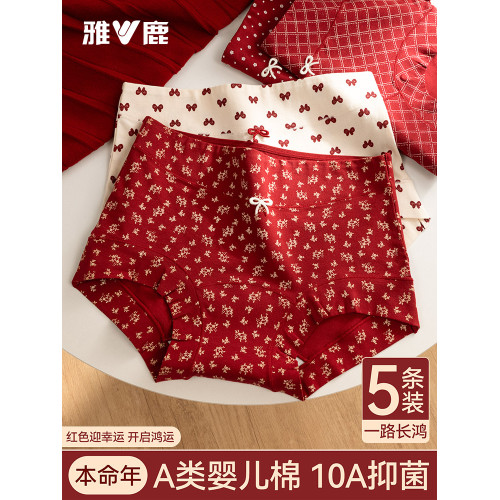 雅鹿紅色本命年抗菌純棉女士平角內褲女款全棉a類少女生四角短褲