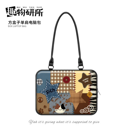 【趣物研所】拼接小貓卡通單肩電腦包重磅適用於蘋果macbook收納包小新air13華爲matebook聯想14寸防撞防摔