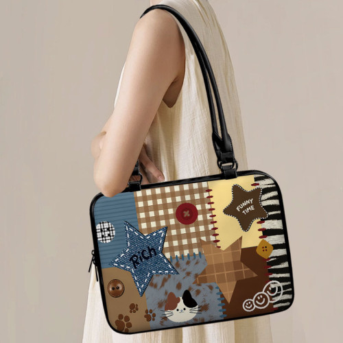 【趣物研所】拼接小貓卡通單肩電腦包重磅適用於蘋果macbook收納包小新air13華爲matebook聯想14寸防撞防摔