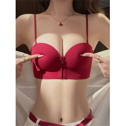 紅色無肩帶內衣女結婚新娘小胸聚攏顯大防滑無鋼圈本命年文胸馬年