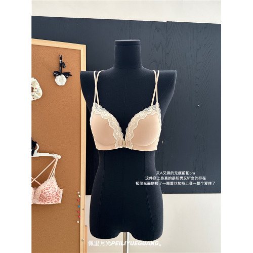 粉豹紋前釦內衣女小胸聚攏顯大無鋼圈蕾絲美背交叉肩帶文胸罩套裝