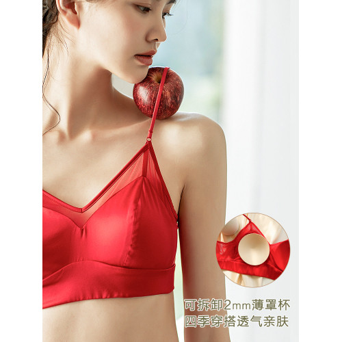Fimage/有致雙面真絲內衣女緞面無鋼圈法式美背細肩帶桑蠶絲文胸