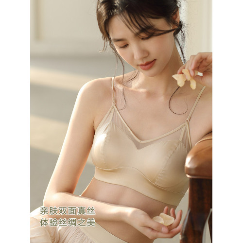 Fimage/有致雙面真絲內衣女緞面無鋼圈法式美背細肩帶桑蠶絲文胸