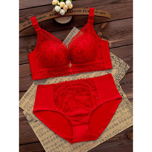 紅豆本命年紅色內衣內褲套裝女馬年結婚新娘小胸罩聚攏無鋼圈文胸