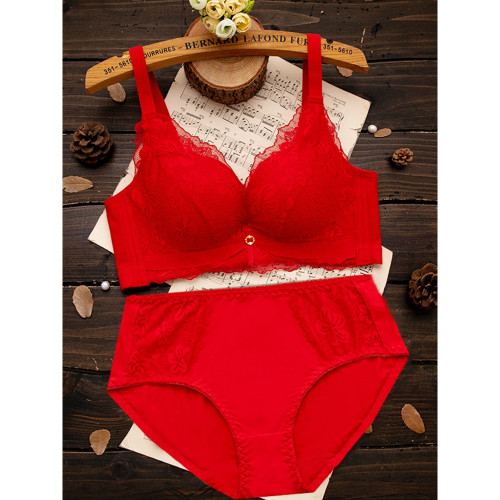 紅豆本命年紅色內衣內褲套裝女馬年結婚新娘小胸罩聚攏無鋼圈文胸