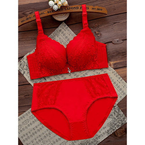 紅豆本命年紅色內衣內褲套裝女馬年結婚新娘小胸罩聚攏無鋼圈文胸