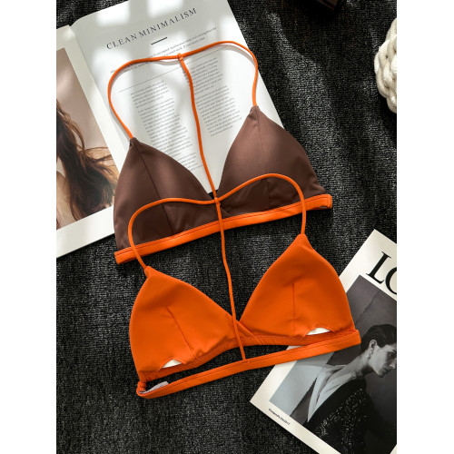 撞色掛脖美背無痕內衣女細肩帶無鋼圈小胸運動瑜珈外穿比基尼文胸