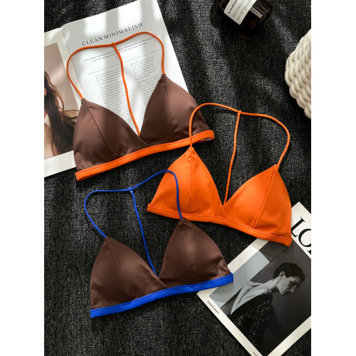 撞色掛脖美背無痕內衣女細肩帶無鋼圈小胸運動瑜珈外穿比基尼文胸