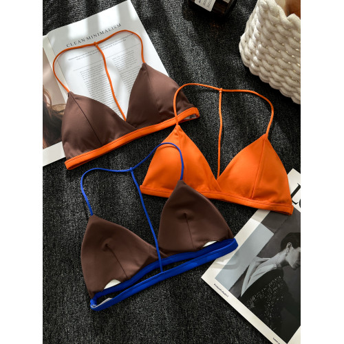 撞色掛脖美背無痕內衣女細肩帶無鋼圈小胸運動瑜珈外穿比基尼文胸