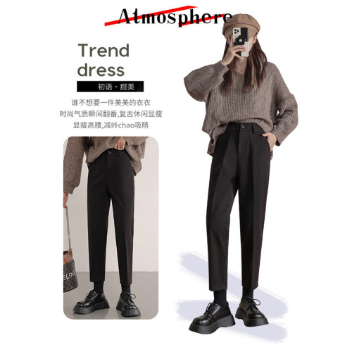 毛呢西裝褲2025秋冬新款女小個子九分小腳哈倫加絨直筒菸琯褲子