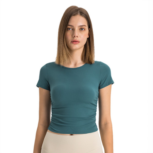 抽條羅紋微褶收腰心機短款運動短袖高彈裸感修身顯瘦瑜珈上衣