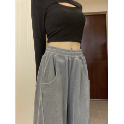 灰色燈芯絨濶腿褲女秋冬高腰垂感顯瘦直筒寬鬆加絨休閒拖地長褲子