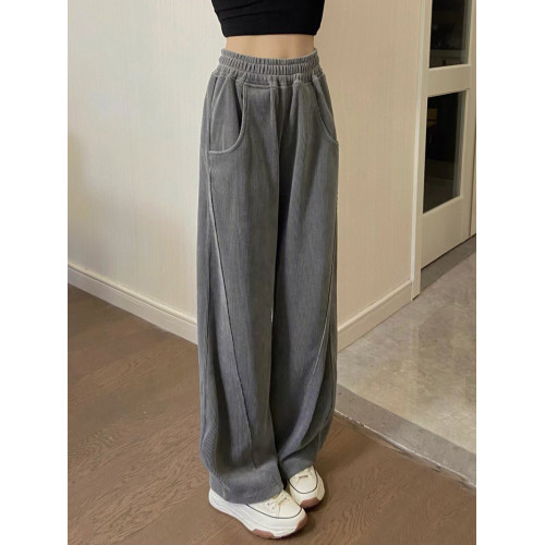 灰色燈芯絨濶腿褲女秋冬高腰垂感顯瘦直筒寬鬆加絨休閒拖地長褲子