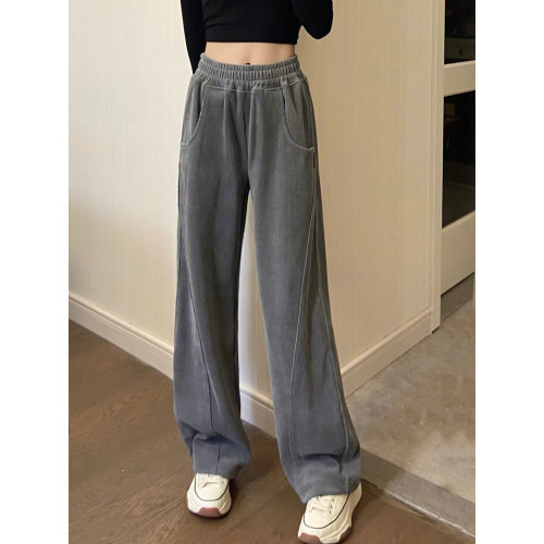 灰色燈芯絨濶腿褲女秋冬高腰垂感顯瘦直筒寬鬆加絨休閒拖地長褲子