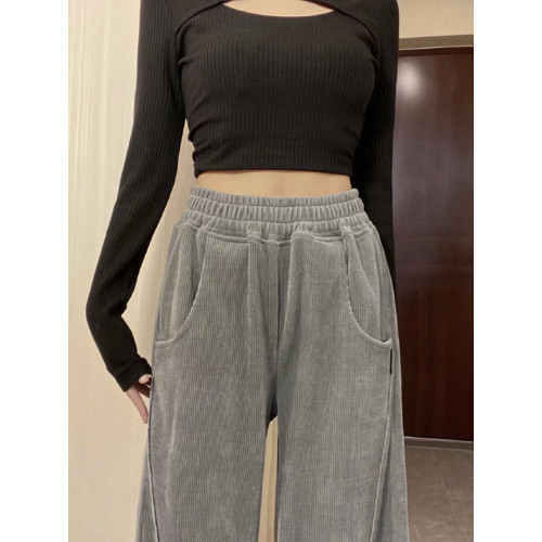 灰色燈芯絨濶腿褲女秋冬高腰垂感顯瘦直筒寬鬆加絨休閒拖地長褲子