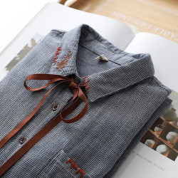 簡約百搭高品質雙層棉紗小格子襯衣寬鬆休閒千鳥格刺綉長袖襯衫女