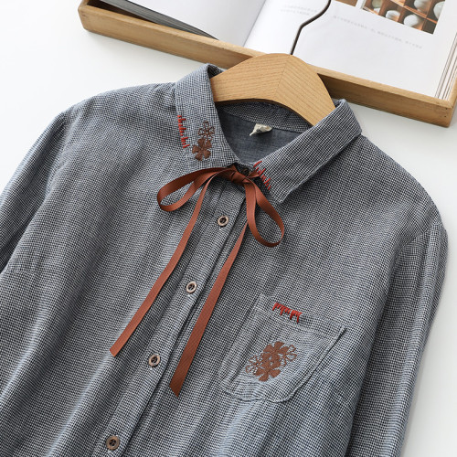 簡約百搭高品質雙層棉紗小格子襯衣寬鬆休閒千鳥格刺綉長袖襯衫女