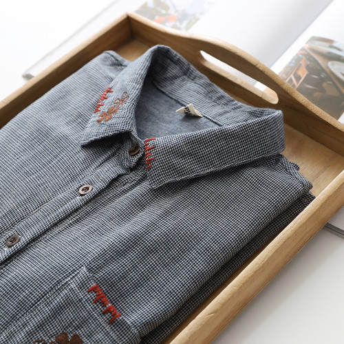 簡約百搭高品質雙層棉紗小格子襯衣寬鬆休閒千鳥格刺綉長袖襯衫女