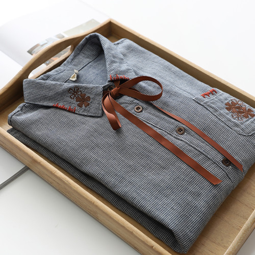 簡約百搭高品質雙層棉紗小格子襯衣寬鬆休閒千鳥格刺綉長袖襯衫女