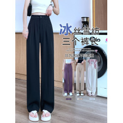 窄版雪紡濶腿褲女夏季薄款大碼胖mm冰絲垂感直筒加長高個子西裝褲