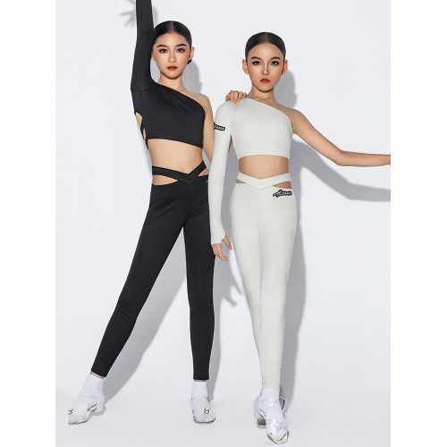 皇朝拉丁舞服女兒童斜肩單邊袖後背帶子上衣練習服H6457+H7390