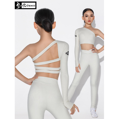 皇朝拉丁舞服女兒童斜肩單邊袖後背帶子上衣練習服H6457+H7390