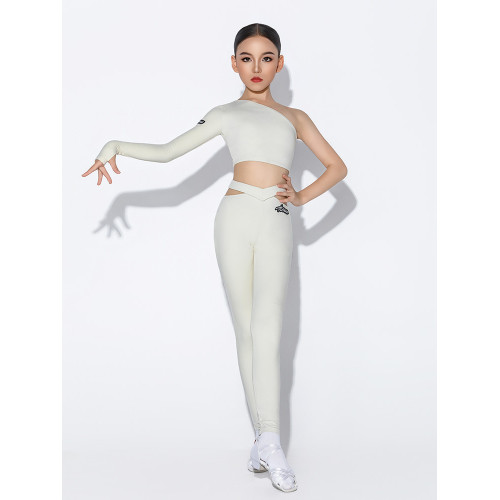 皇朝拉丁舞服女兒童斜肩單邊袖後背帶子上衣練習服H6457+H7390