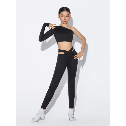 皇朝拉丁舞服女兒童斜肩單邊袖後背帶子上衣練習服H6457+H7390