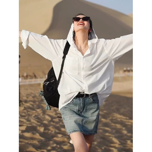 法式鏤空鉤花連帽長袖防曬衫女夏天寬鬆時尚氣質襯衣薄款洋氣上衣