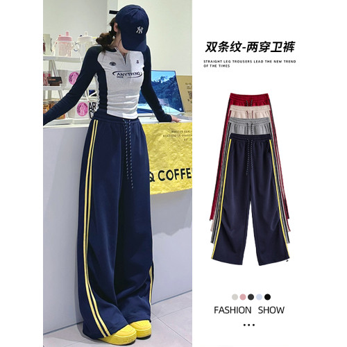 藏青色雙杠運動褲女春秋2024新款寬鬆降落傘兵工裝褲美式濶腿衛褲