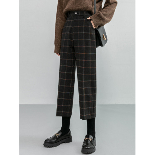 毛呢褲格子直筒秋冬女今年流行的九分小個子濶腿復古冬季褲子靴褲