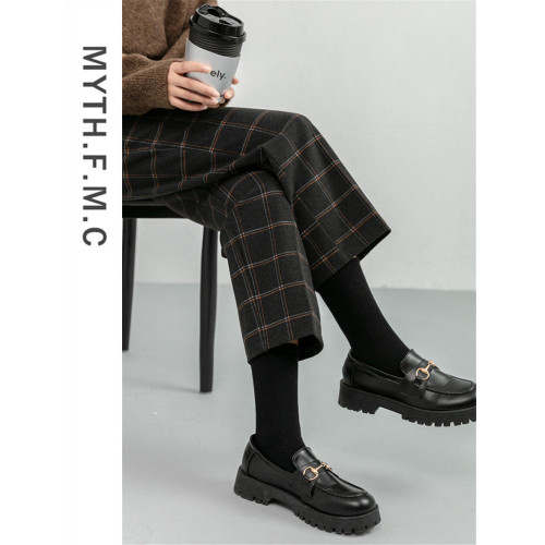 毛呢褲格子直筒秋冬女今年流行的九分小個子濶腿復古冬季褲子靴褲