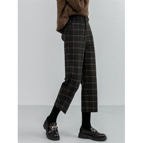 毛呢褲格子直筒秋冬女今年流行的九分小個子濶腿復古冬季褲子靴褲