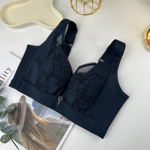 軟鋼圈大碼文胸薄杯大胸顯小矯正側收副乳全罩杯內衣調整型蕾絲款