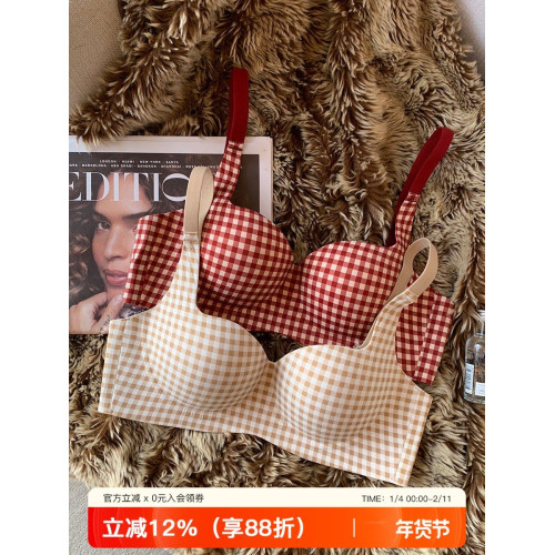紅色格子抑菌內衣女小胸聚攏提拉上托升杯無鋼圈收副乳防下垂文胸