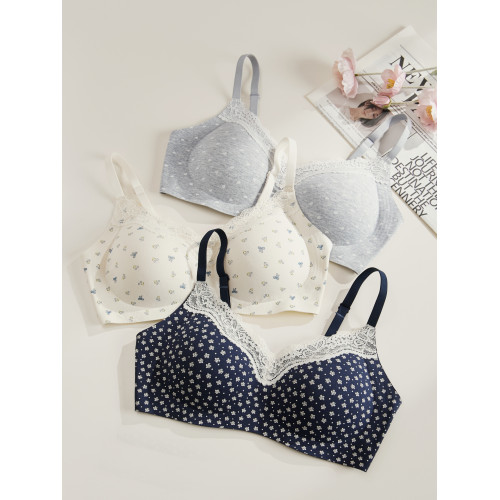 無痕內衣女大胸顯小胸聚攏薄款收副乳無鋼圈防下垂碎花蕾絲文胸罩