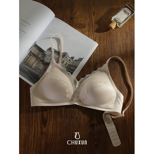 刺綉蕾絲輕奢緞面美背無痕文胸無鋼圈內衣大胸顯小固定一體水滴杯