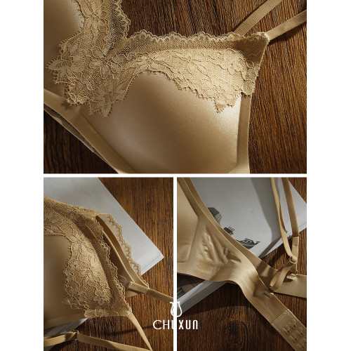 刺綉蕾絲輕奢緞面美背無痕文胸無鋼圈內衣大胸顯小固定一體水滴杯