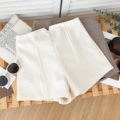 不規則高腰顯瘦毛呢短褲濶腿褲休閒褲靴褲熱褲外穿a字褲女秋冬