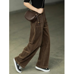 春秋復古燈芯絨濶腿褲女冬季深咖色高腰百搭條絨直筒垂感休閒褲