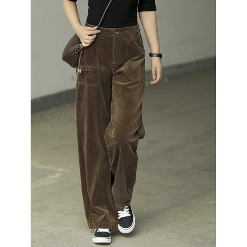 春秋復古燈芯絨濶腿褲女冬季深咖色高腰百搭條絨直筒垂感休閒褲