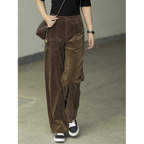 春秋復古燈芯絨濶腿褲女冬季深咖色高腰百搭條絨直筒垂感休閒褲