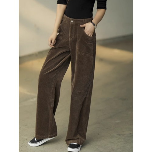 春秋復古燈芯絨濶腿褲女冬季深咖色高腰百搭條絨直筒垂感休閒褲