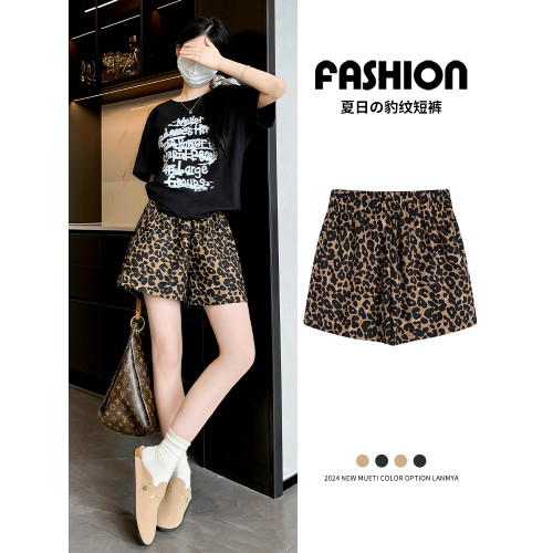 豹紋短褲女夏季薄款2026新款高腰休閒外穿美式運動中褲濶腿五分褲