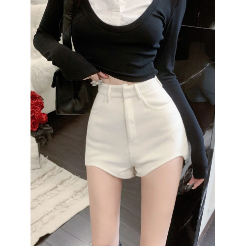 高腰秋冬短褲包臀不規則顯瘦百搭毛呢白色靴褲超短打底外穿短褲子