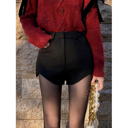 高腰秋冬短褲包臀不規則顯瘦百搭毛呢白色靴褲超短打底外穿短褲子