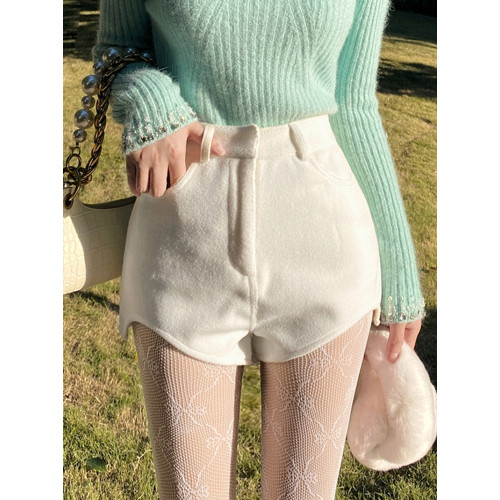 高腰秋冬短褲包臀不規則顯瘦百搭毛呢白色靴褲超短打底外穿短褲子