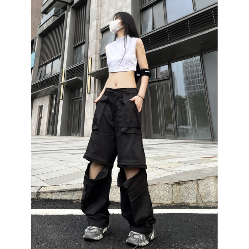 美式可拆卸vibe風街舞工裝休閒褲女男寬鬆嘻哈高街hiphop直筒濶腿